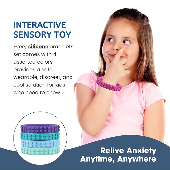 Chew Bracelets for Sensory Kids, Silicone Chew Bracelet, Oral Motor Chewy Teether Bracelet for Chewers with Autism, ADHD, SPD, or Biting Needs, 4 Colors