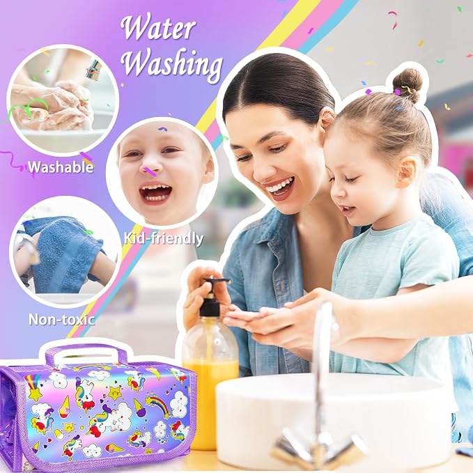 weirtoya 56 PCS Washable Scented Markers with Glitter Pencil Case, Mermaid Unicorn Arts and Crafts for kids 4-6-8 Kids Coloring Drawing Kits for 4-8 Years Old Girls (Purple, 56)
