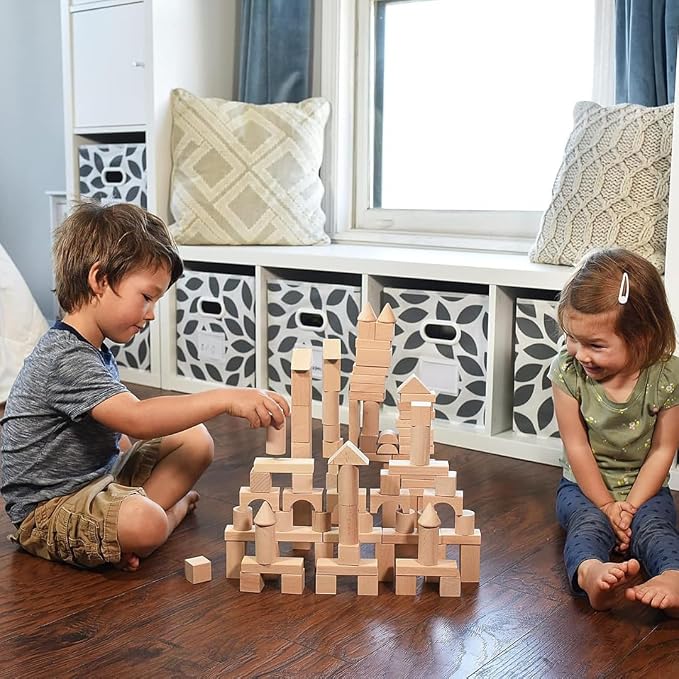 Pidoko Kids Wooden Blocks - 100 Pcs - Building Blocks for Toddlers - Includes Storage Container with Shape Sorter Lid - Natural Beech Wood Blocks - Preschool Learning Toys Stacking Block