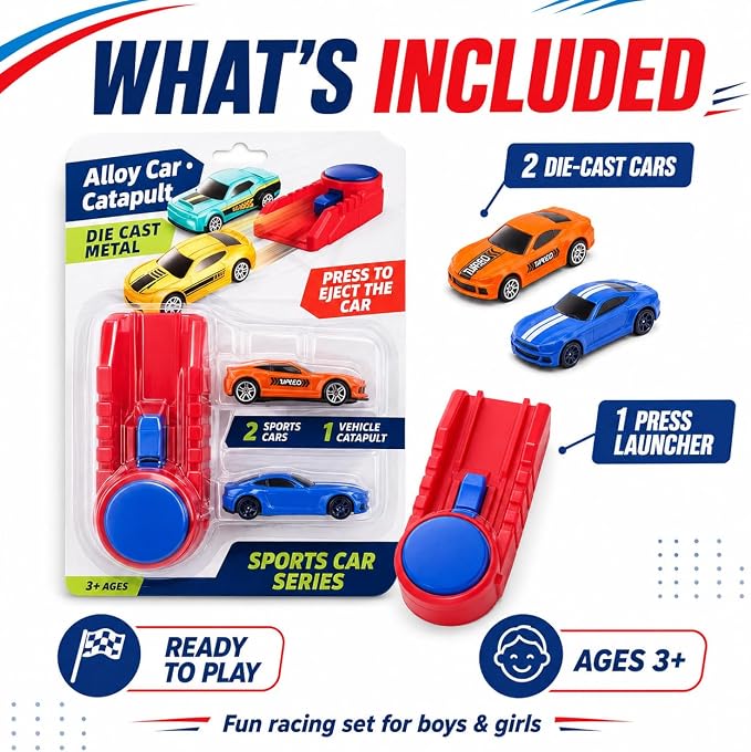 Die Cast Toy Cars with Catapult Launcher | 2 die-cast sports cars with a manual press launcher for indoor racing and vehicle-themed play.