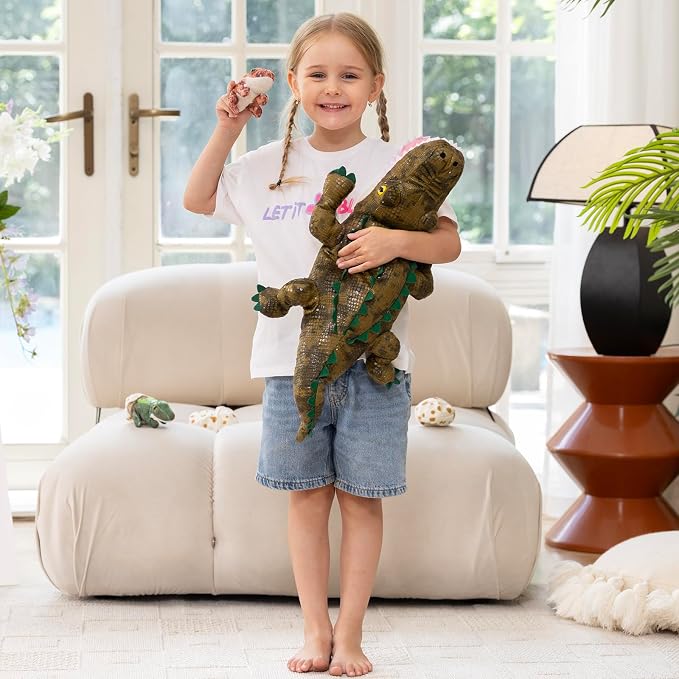 MorisMos Plush Alligator Stuffed Animal with Babies, 23.6'' Mommy Stuffed Alligator with 3 Baby Crocodile Animals & 3 Plush Eggs, Lifelike Crocodile Toys for Kid 3-5 Birthday Decor