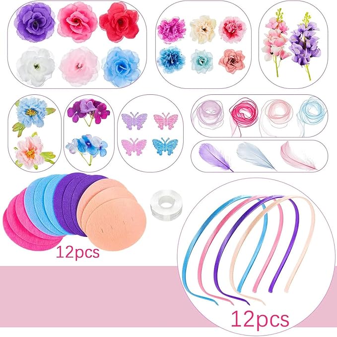 353 Pcs Headband Making Kit for Women Include 12 Headbands 24 Fake Flowers 300 Feathers 4 Mesh Ribbons 1 Roll Double Faced Adhesive Tape 12 Butterfly Accessories for DIY Hair Tea Party Decor