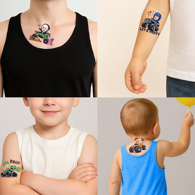 Custom Monster Truck Temporary Tattoos for Kids - Personalized Pre-Cut Face Photo Tattoos - Fun Birthday Party Favors for Boys, Monster Truck Fans - Set of 20 Unique Celebration Gifts