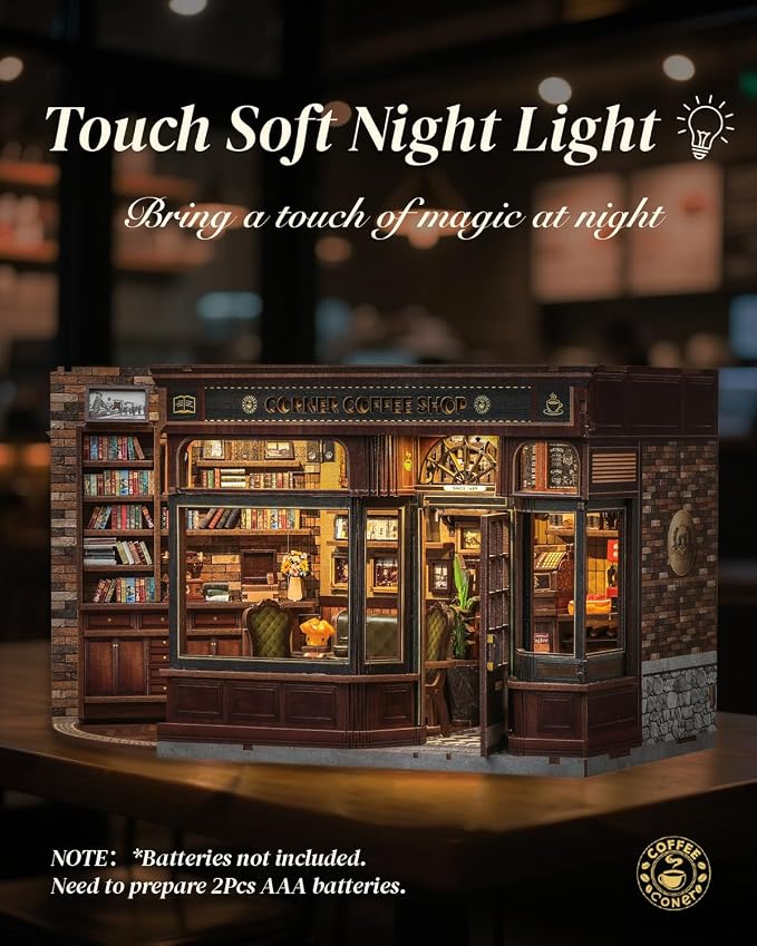 Cutefun Book Nook Kit - DIY Miniature Coffee Shop Booknook Kits for Adults and Teens, 3D Wooden Puzzle Bookend Bookshelf with LED Light, Creative Crafts Gifts for Book Lovers (Corner Coffee Shop)
