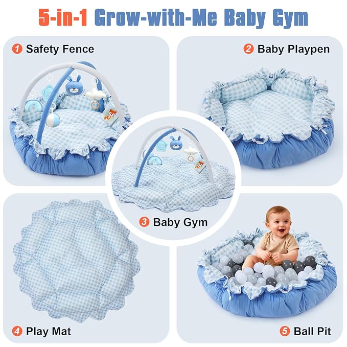 5-in-1 Baby Gym Play Mat with Cartoon Pattern, Extra Thick Plush Tummy Time Activity Gym with Hanging Toys, Sensory Development & Motor Skills Training Floor Mat, Blue