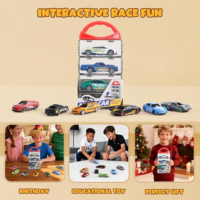 Die Cast Pull Back Toy Cars, 4 Pack 1:64 Mini Cars with | 4 pull-back die-cast mini cars with a portable storage case for racing, collecting, sharing, and travel play.