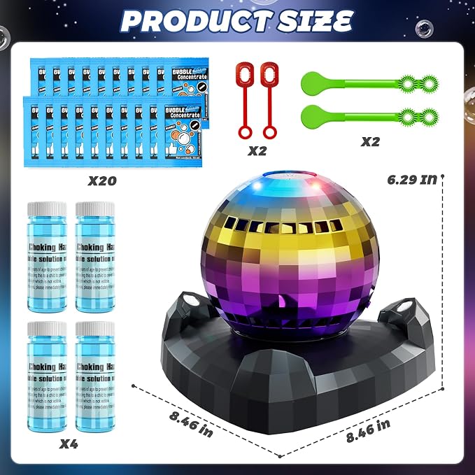 Bubble Machine, Automatic Bubble Blower Maker with 360° Rotating Turntable and LED Lights, Disco Ball Bubble Machine Summer Kids Toys for Weddings Birthdays Party Indoor Outdoor Backyard Camping