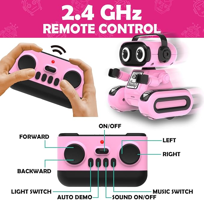 Pink Rechargeable Remote Control Robot Toy for Girls Ages 3+ | Auto Demo, Recording & Repeat, Flexible Head & Arms, Rechargeable RC Robot, Great Birthday & Christmas Gift for Little Girls
