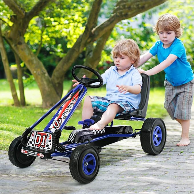 Costzon Go Kart for Kids, 4 Wheel Off-Road Pedal Go Cart w/Adjustable Seat, Steering Wheel, 2 Safety Brakes, EVA Tires, Ride-On Toys, Outdoor Racer Pedal Car (Blue, 40" L x 24''W x 24.5''H)