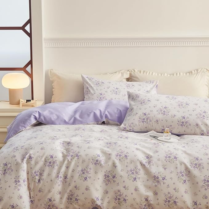Purple Floral Comforter Set King Soft Fluffy Microfiber Garden Floral Bedding Comforter Set Chic Shabby Flowers Printed Comforter with 2 Pillowcases Vintage Botanical Comforter Set All Season King