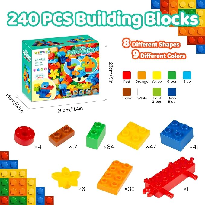 240 Piece Large Building Blocks for Toddlers 3 and up, Classic Building Bricks Set for Kids of All Ages, Compatible with Duplos and Most Brands