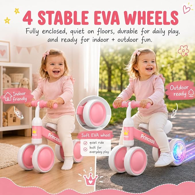 BEKILOLE 1 Year Old Girl Gifts Baby Balance Bike 1st Birthday Girl Gift with LED Light Up Wheels for 12-24 Months Toddlers - ASTM Certified 2-Minute Assembly Pink First Ride On Training Toy