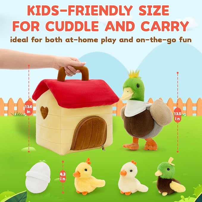MaoGoLan 6pcs Duck Stuffed Animal, 14 Inch Large Mommy Stuffed Mallard Duck Plush with 3 Baby Ducklings & Eggshell & Duck House, Cute Realistic Stuffed Animal, Gift for Kids Boys Girls