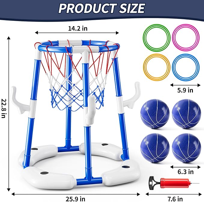 MSKOLER Pool Basketball Hoop, 2 in 1 Floating Pool Toys with 4 Balls and Inflatable Pump, Indoor Outdoor Water Basketball Swimming Pool Games Gifts Toys for Kids Ages 4-8 8-12