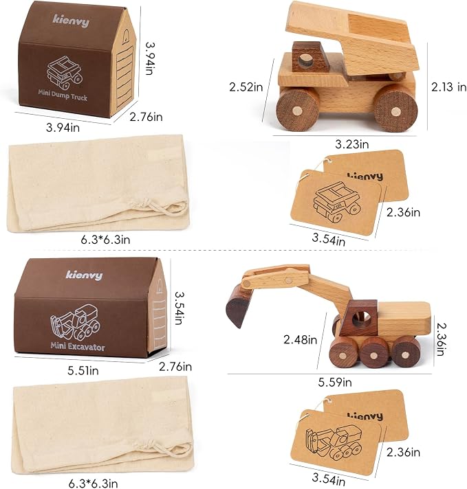 Wooden Toy Cars for 3 Year Old Boys & Girls - Construction Vehicles Set Push Toys for Toddlers, Wood Montessori Car with Rolling Wheels, Natural Wood Toys (Excavator & Dump Truck)