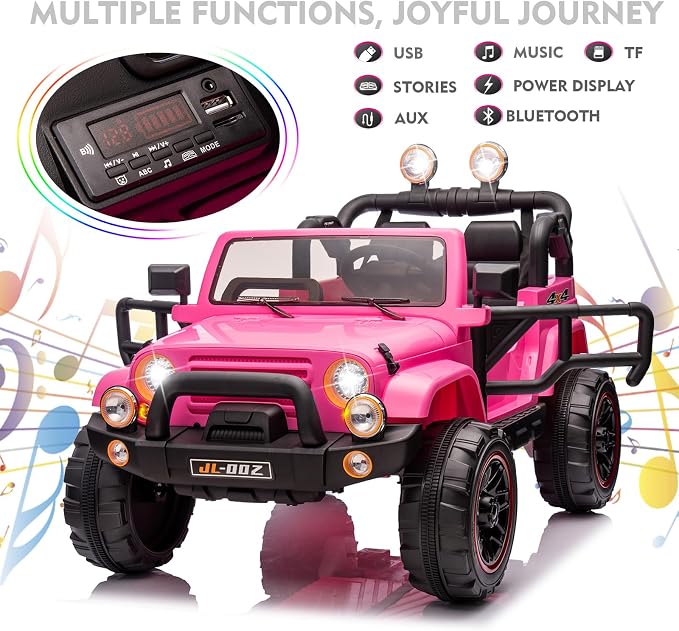 2 Seater Ride On Truck and Car Cover, 12V Children's Electric Car with Parental Remote Control, Music, Bluetooth, MP3 Player, LED Lights, Spring Suspension, Pink