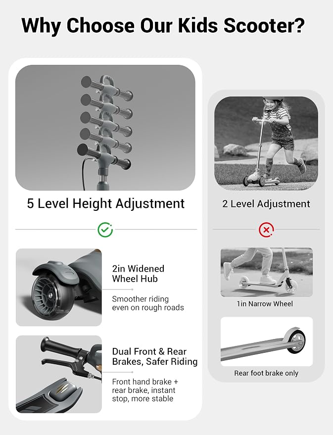 Large Kids Scooter, Toddler Scooter for Kids 3-18 & Adults, Safe Dual Brakes (Foot Brake/Hand Brake) & Music with Lights, 5-Level Adjustable & One-Click Folding Kick Scooter.