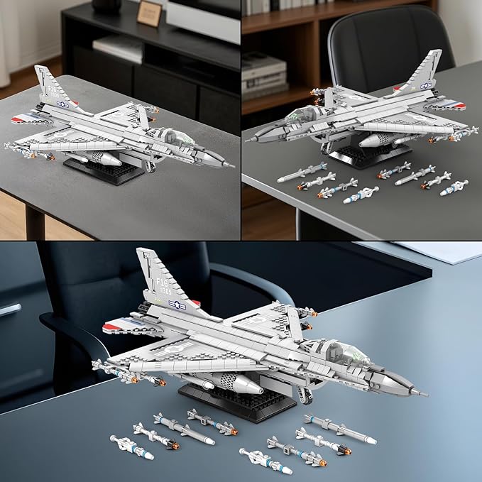 Reobrix F-16 Fighter Jet Building Set 33027, 1377 PCS Military Airplane Model Kit with Display Stand, Retractable Landing Gear, STEM Collectible Gift for Adults & Teens 14+