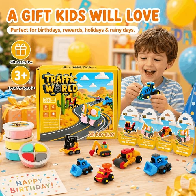Air Dry Clay Kit for Kids – 12 Pack Construction Vehicles Modeling Clay Set | DIY Art Crafts with Sculpting Tools & Tutorials, Ultra Light Soft Magic Clay Car, Birthday Party Favors for Boys Girls