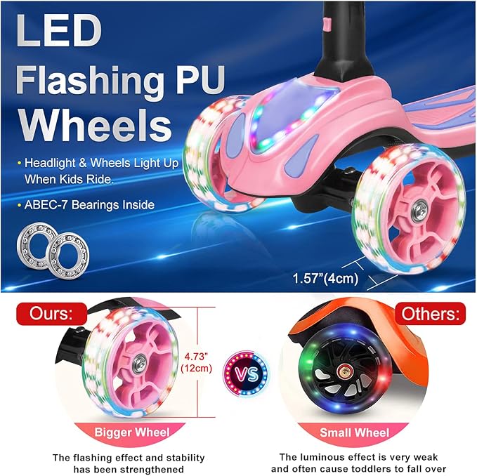 3 Wheel Scooter for Kids, Toddler Scooter with Bluetooth Music Speaker Steam Sprayer LED Lights Aluminum Alloy T-Bar, Folding Kick Scooters for Boys Girls Ages 3-10