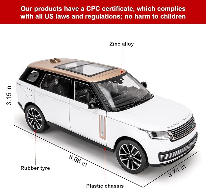 TGRCM-CZ 1:24 Range Rover Die-cast Model Vehicle with Sound & Light, Off-Road Vehicle with Pull Back Function & Openable Doors - Realistic Details for Collectors & Gifts White