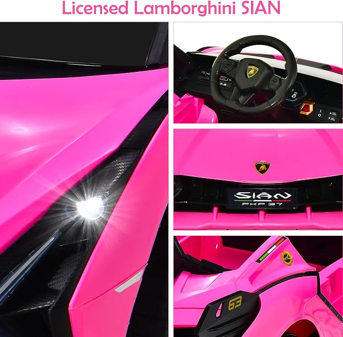 OLAKIDS Kids 12V Licensed Lamborghini SIAN Ride On Car, Electric Vehicle for Toddler with Control Remote, Battery Powered Toy with Music, Horn, 2 Speeds, Suspension, LED Lights, Bluetooth, USB (Pink)