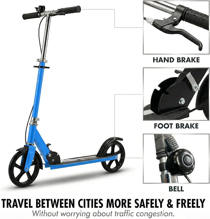 Non-Electric Scooters for Kids 8-12, Teens & Adults - Foldable Commuter Scooter with 8" Wheels, Bell, Hand Brake & Adjustable Height 30"-40.5", 220LB Capacity, Manual Push Scooter for Campus & Park