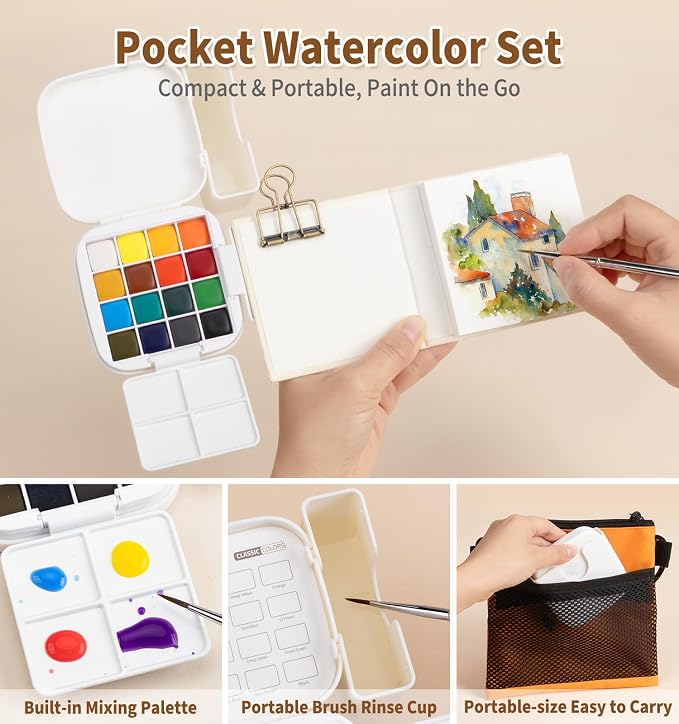 Mini Watercolor Paint Set, All in One Portable Art Kit with 16 Colors, Palette, Crossbody Bag, Sketchbook, Clip and Brush, Travel Watercolor Set for Beginners Artists Outdoor Painting