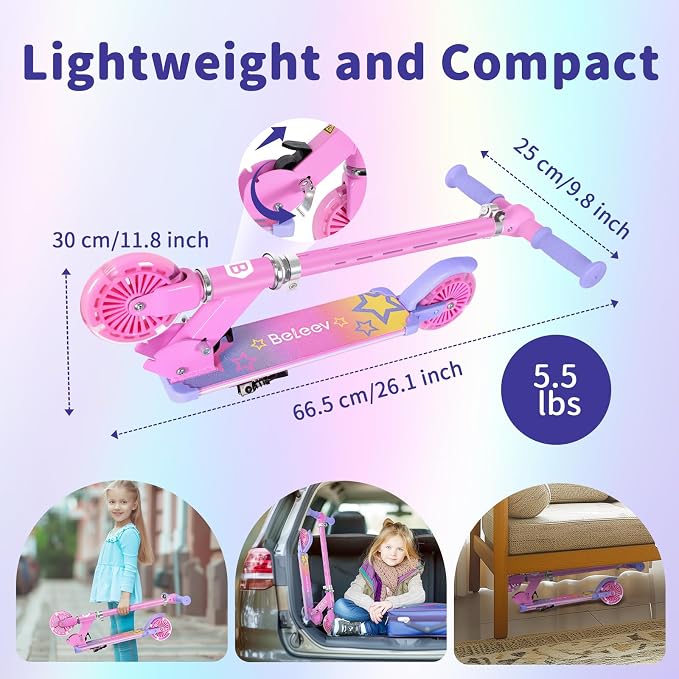 BELEEV V3 Scooter for Kids with Light-Up Wheels & Stem & Deck, 2 Wheel Folding Scooter for Girls Boys, 4 Adjustable Height, Lightweight Kick Scooter with Handy Kickstand for Children Ages 3-12