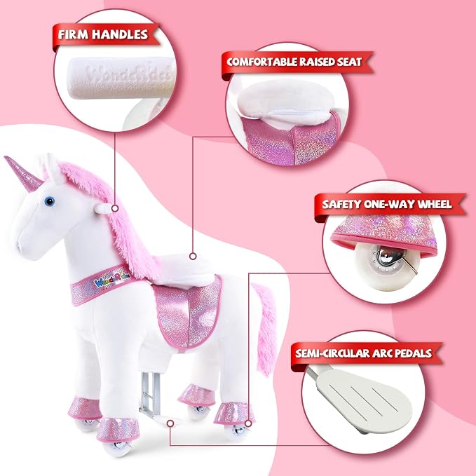 WondeRides Ride on Unicorn Pink Riding Horse Toys Size 3 for Age 3-5 Years, 30.1 inch Height Plush Riding Unicorn Pony Ride on Horse Toy Giddy up Rocking Mechanical Walking Animal with Wheels M331