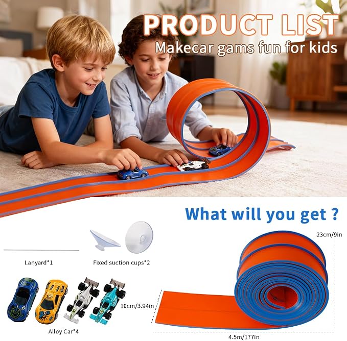 Flexible Race Car Track 15 Ft Starter Set for Kids Age 3+, Rolls Up Portable Flex Track Compatible with Diecast 1/64th Cars, Long Kids Car Ramp Toy with Suction Cups