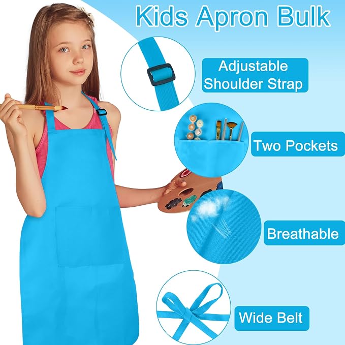 6 Pack Kids Apron Bulk with 2 Pockets Adjustable Chef Art Apron Kids Painting Aprons for Cooking Baking Painting Crafting Grilling Activity（Blue）
