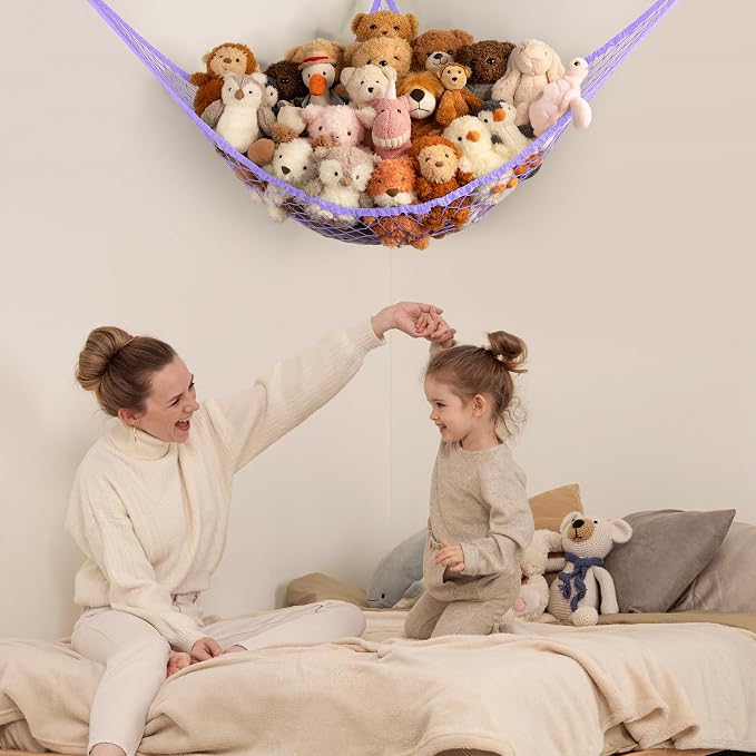 Stuffed Animal Storage Hammock Net Corner - Large Toy Hammock Net for Stuffed Animals Room Decor - Cute Stuff Animal Organizer Holder for Plush Plushie - Kids Baby Nursery Wall Bedroom Home Decor