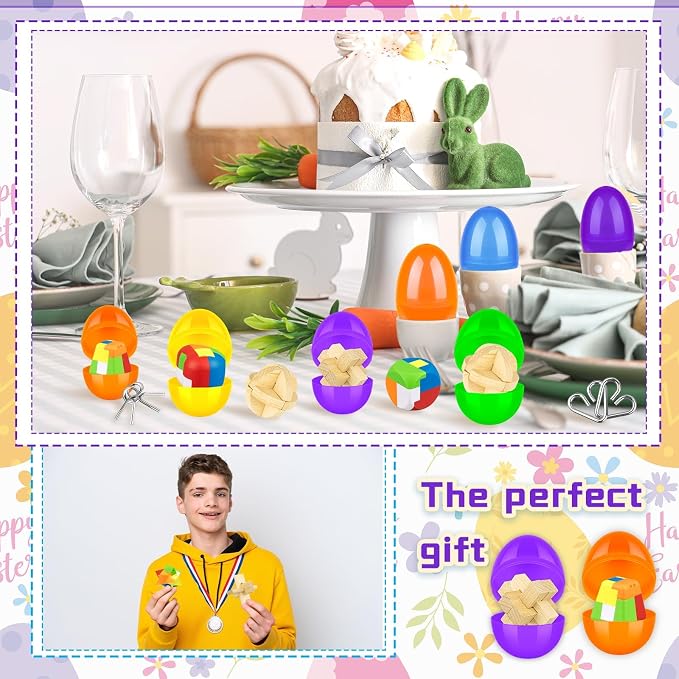48 Pcs Prefilled Easter Eggs with Mini Brain Teaser Puzzles Metal Buckle Metal Puzzles Plastic 3D Puzzle Game forEgg Hunts Party Favors Easter Basket Stuffers