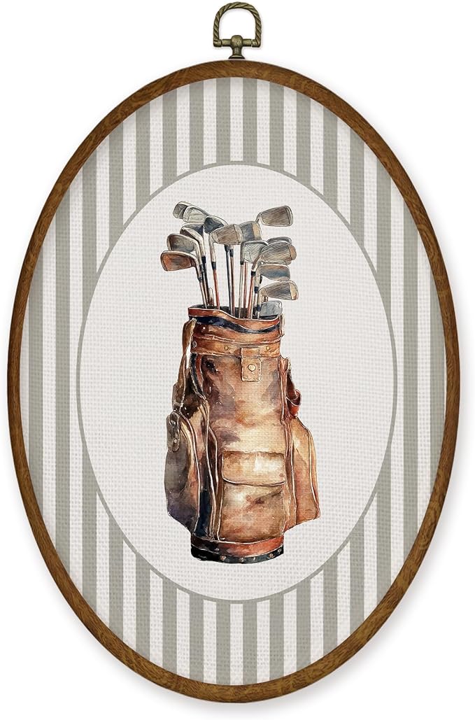 WULQYING Golf Bag Sports Nursery Wall Art Decor, Boys Room Oval Framed Canvas Art Prints, Neutral Striped Sport Lover Gift Wall Hanging Decor for Kids Nursery Room Playroom, 8.5x11.3 Inches