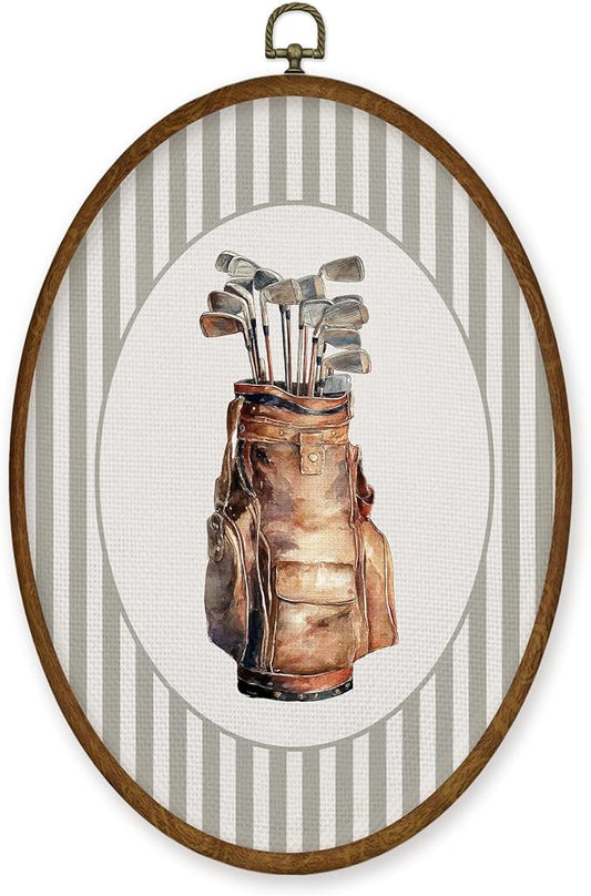 WULQYING Golf Bag Sports Nursery Wall Art Decor, Boys Room Oval Framed Canvas Art Prints, Neutral Striped Sport Lover Gift Wall Hanging Decor for Kids Nursery Room Playroom, 8.5x11.3 Inches