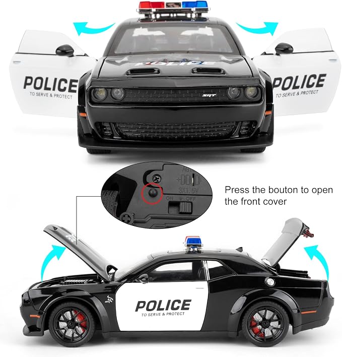 Police Car Model for Collectible 1:24 Dodge Challenger SRT Hellcat Toy, Diecast Vehicle Toy with Lights and Sounds,Pull Back Decoration Model Car Toy for Adults Kids Birthday Gifts