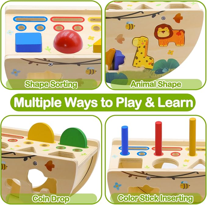 Montessori Busy Box for Toddlers 1-3, Wooden Object Permanence Coin Box with Shape Sorter & Animal Matching, Fine Motor Sensory Learning Toy with Wobble Base, Gift for 1 2 3 Year Old