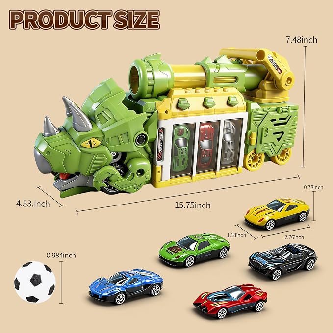 STBEIMEIMY Triceratops Truck Toy, Ejection Shooting Game with Storage & 10 Cars Dinosaur Shooting Truck with Foldable Pod, 10 Mini Cars & 12 Soft Balls, Develops Motor Skills & Coordination