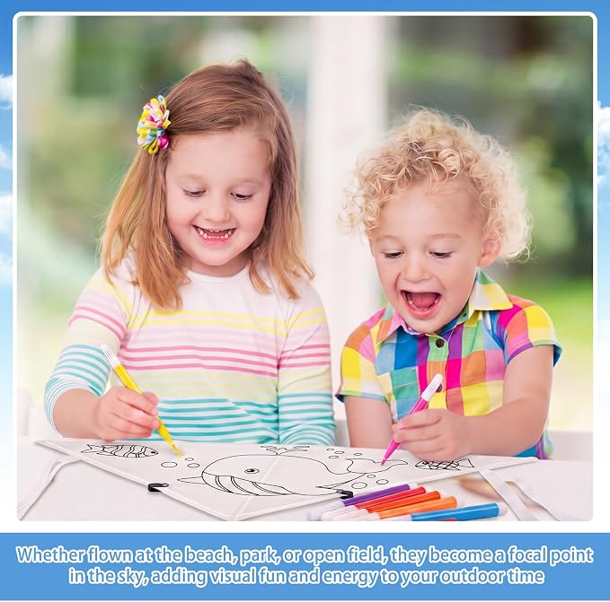 Syhood 60 Pcs DIY Coloring Kites Kit for Kids Pre-Printed Cartoon Animal Kites Summer Decorating Making Kit with Watercolor Pens and Strings Handles for Outdoor Game and Activities