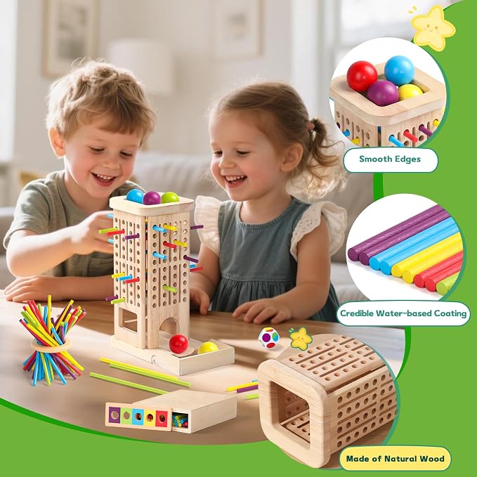 Montessori Toys for 3 Year Old Fine Motor Skills Toys for 5 Year Old Wooden Board Game Operation Games Educational Toys with Colorful Sticks, Dice & Stones, Family Game Gifts for Age 4 5 6 Boys Girls