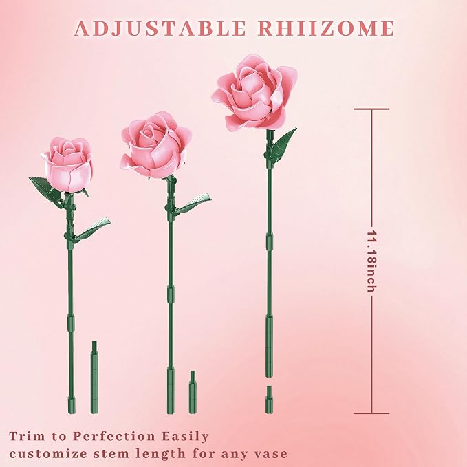 Pink Roses Flower Bouquet Building Set, Artificial Flowers Botanical Collection Compatible with Lego Flowers for Adults Christmas Anniversary Valentines Day Gifts
