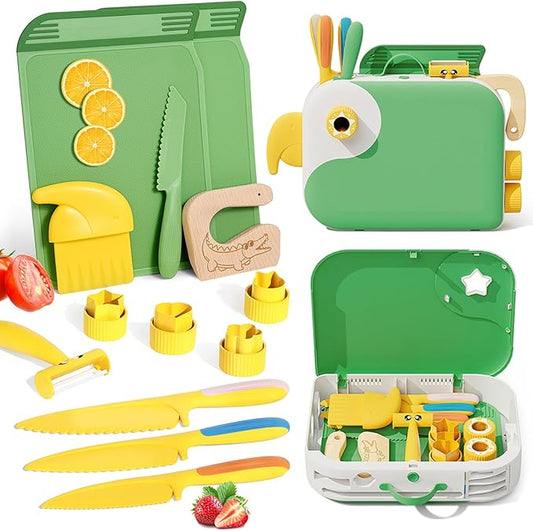 Montessori Kitchen Tools for Toddlers,Kids Knife for Real Cooking,Toddlers Knife Set with Storage Box Kids Safe Knives Children Cutting Set for Girl Boy,Montessori Toys for Kitchen Set -Green