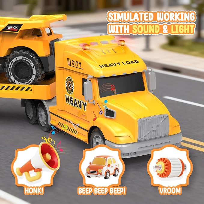 Toddler Toys for 3 4 5 6 Year Old Boys - 27" Large Semi Construction Carrier Truck Toy with Excavator and Dump Truck, 3-in-1 Friction Powered Transport Vehicle with Lights Sounds, Gifts for Boys