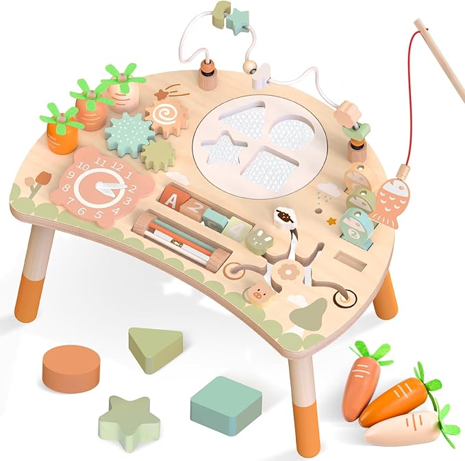 Wooden Activity Table for Toddlers 1-3, 9 in 1 Montessori Sensory Table with Bead Maze Shape Sorter Fishing Game, Baby Activity Table Learning Toys for 1 2 3 Year Old Boys Girls