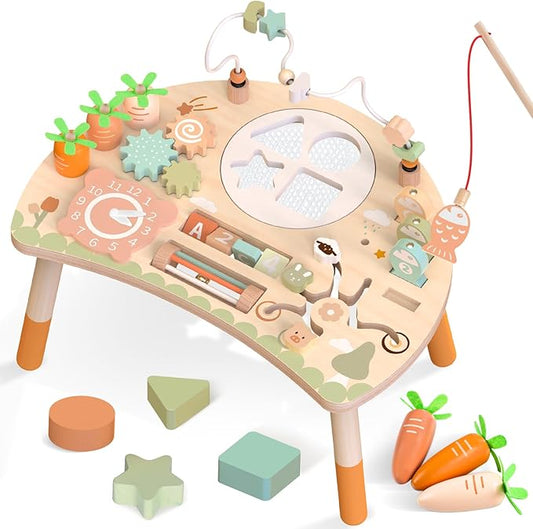 Wooden Activity Table for Toddlers 1-3, 9 in 1 Montessori Sensory Table with Bead Maze Shape Sorter Fishing Game, Baby Activity Table Learning Toys for 1 2 3 Year Old Boys Girls