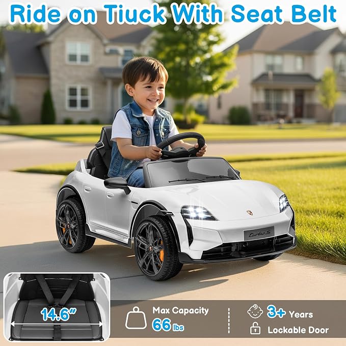 Winado 12V Kids Ride on Car, Licensed Porsche Taycan Electric Car for Toddlers, Battery Powered Ride on Vehicle W/Remote Control, with Bluetooth, 3 Speeds, LED & Rear Lights, Music & Horn (White)