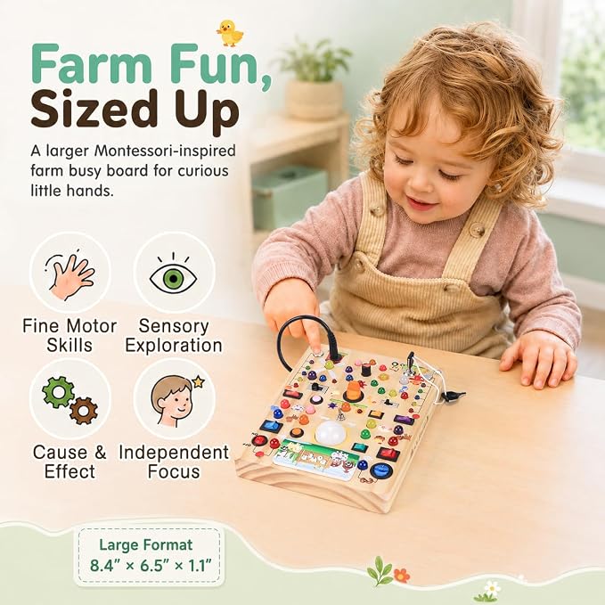 Busy Board with 19 LED Light Switches, Montessori Toys for 1 2 3 Years Old, Wooden Sensory Board, Toddlers Activity Travel Toys for 1 2 3 Year Old Boy & Girl Birthday Gift (Big Farm)