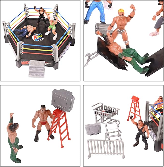 32Pcs Wrestling Toys for Kids, Wrestlers Playset with 12 Wrestling Action Figures, Wrestling Rings, Many Realistic Accessories, Toy Figures & Playset Gift for 2 3 4 5 6 Boys Girls, Cool Cake Toppers
