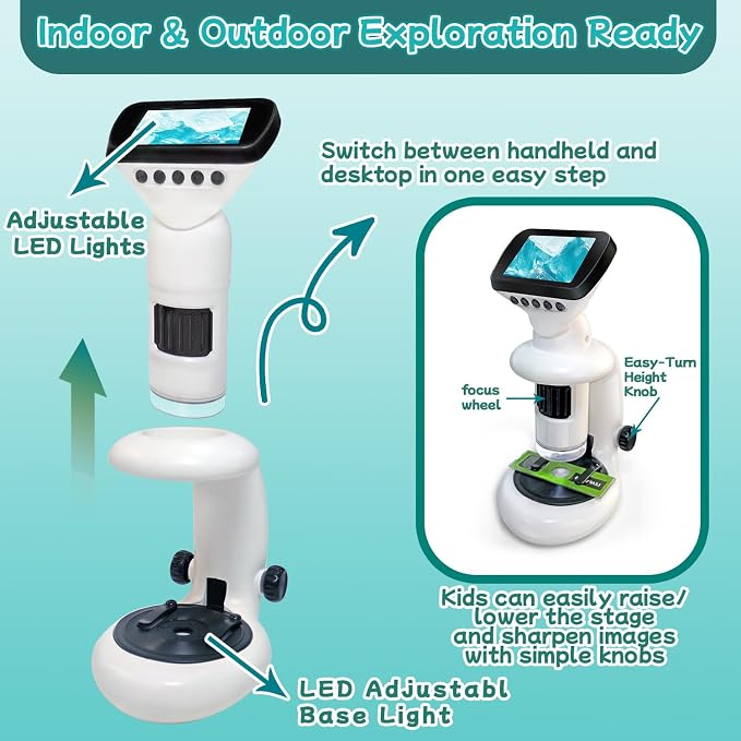 Microscope for Kids with 12 Slides, 200X-1000X,2.4" Screen Digital Handheld Kids Microscope Kit, Portable Pocket Removable Miniscope Science Toys Gifts for for 3 4 5 6 7 8 9 10 11 12 Year Old